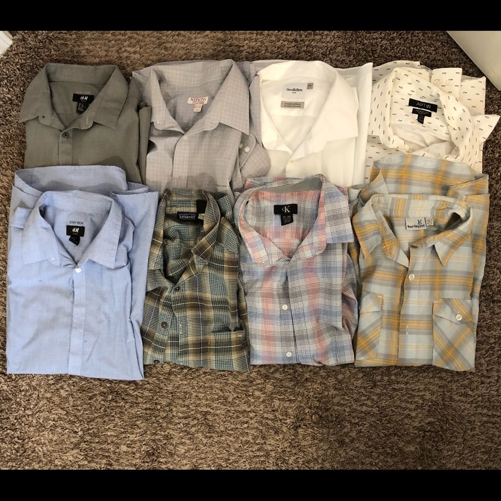 8 dress shirts from L-XXL, Hurley, Patagonia